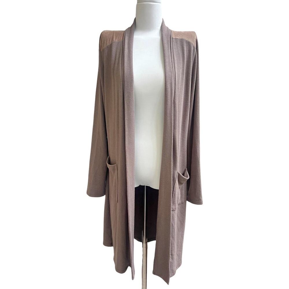 Laila Jayde Long Cardigan Sweater Womens Open Front Faux Suede Trim Sz XL Taupe